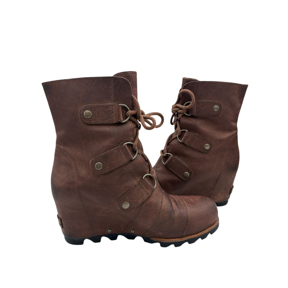 SOREL Joan of Arctic Lace up Wedge booties Ash Brown Leather Women’s 7.5 - Picture 8 of 9